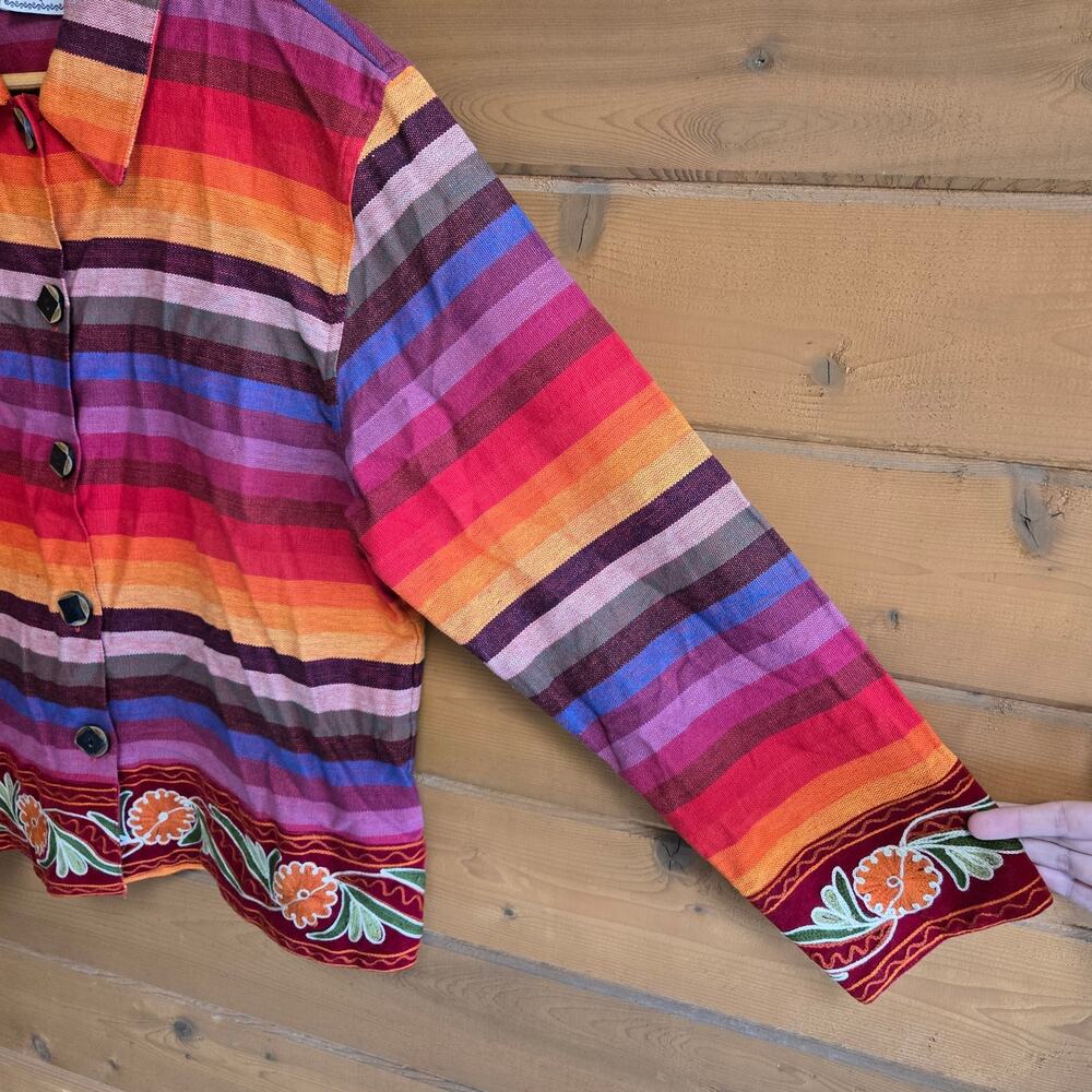 Vintage Rainbow Striped Jacket Y2K Serape Button Up Shacket Boho Southwestern S - Picture 3 of 5